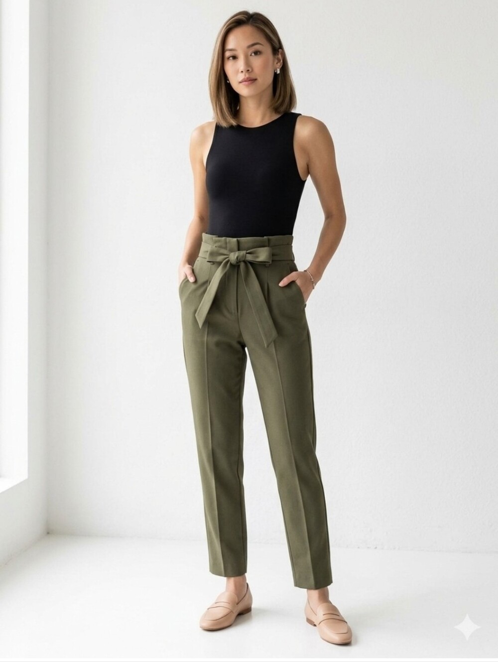 High-Waist Olive Tie-Belt Paperbag Track Pants